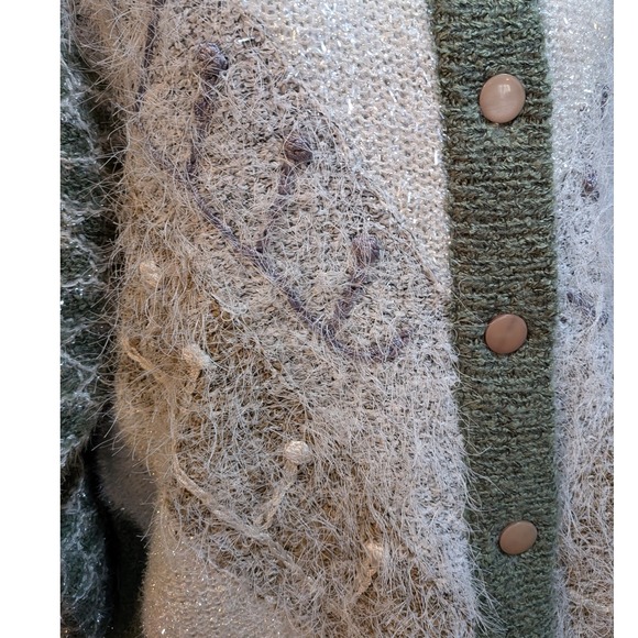 Boho Cottagecore Chunky Fuzzy Green White Sparkle Knitted Cardigan Jacket Snaps‎ - Picture 6 of 13